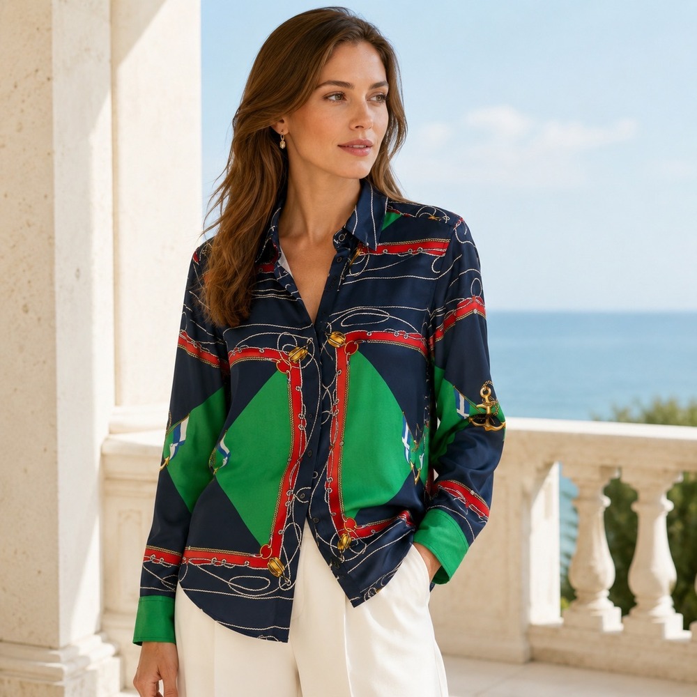 Lauren Ralph Lauren Button Down Women M Navy Nautical Scarf Print Anchor Shirt - Picture 1 of 11